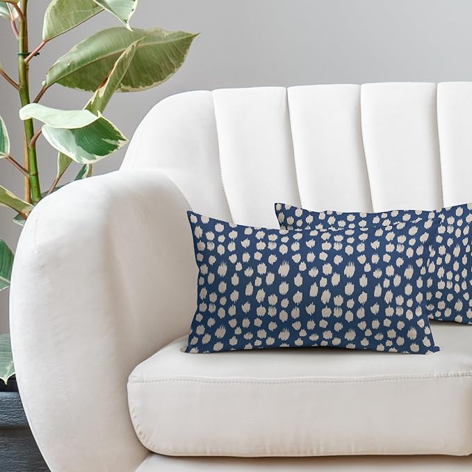 Blue Cream Dots Lumbar Pillow Covers 12x20 Set of 2 Boho Design Polka Dot Print Throw Pillows Modern Outdoor Decorative Pillowcase Rectangle Linen Cushion Cases Decor for Sofa Couch Bed