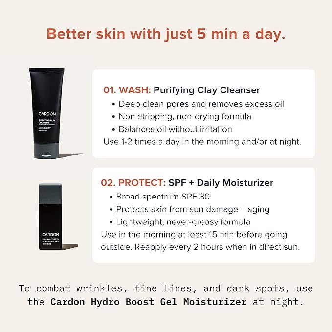 CARDON Daily Skincare Set for Men | Face Moisturizer with SPF 30 & Clay Face Wash | Best Gift for Men