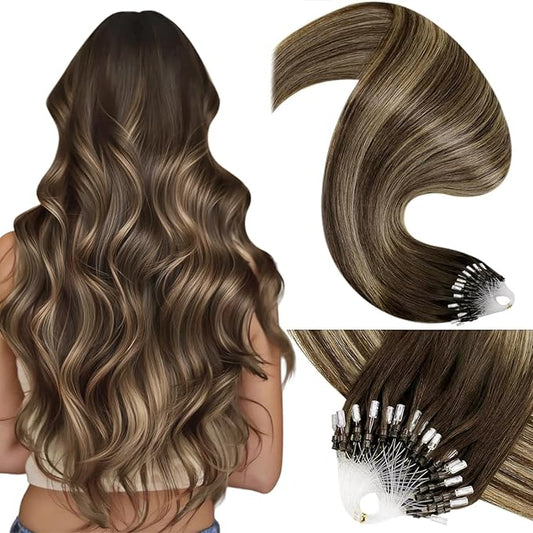 LaaVoo Micro Beads Hair Extensions Balayage Microlink Hair extensions Human Hair Medium Brown to Caramel Brown Micro Ring Human Hair Extensions 50g 50s 14 Inch