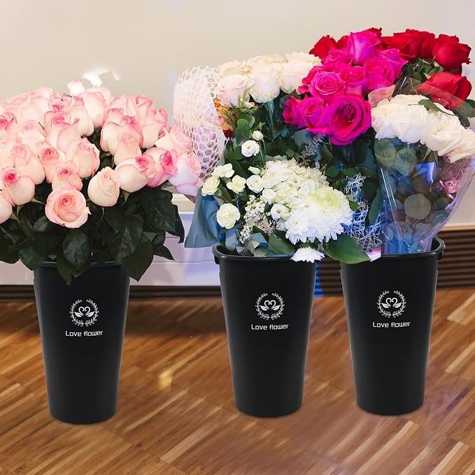 Teyyvn 4-Pack 15.75 Inch Plastic Floral Bucket, Flower Buckets, Black | Durable plastic flower pail, deep design for fresh cut flower hydration