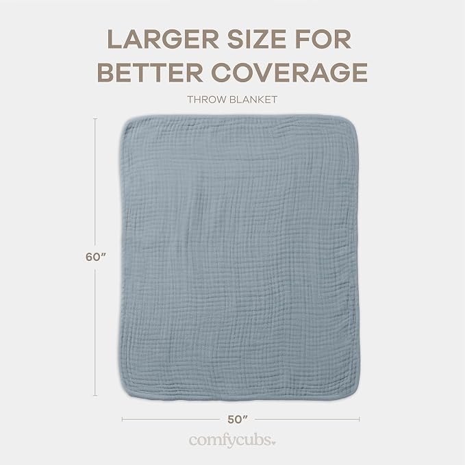 Comfy Cubs Adult Muslin Blanket 50x60” Throw Swaddle Blankets, Pacific Blue | 6 Layer Soft, Breathable & Lightweight Muslin Adult Blanket - Machine Washable & Designed in the US Bedding for All Seasons