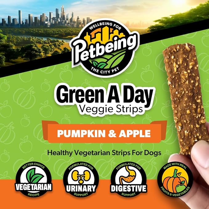 Green A Day Veggie Strips for Dogs | Vegetarian Dog Chews with Pumpkin, Carrot & Apple | Daily Wellness Treats with Fruits & Vegetables | Mix Pack, 4 Pack, 3 oz