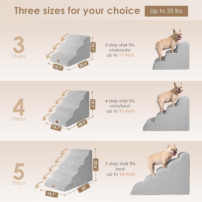 EHEYCIGA Curved Dog Stairs Ramp, 5-Step High Beds, 22.6" H Pet Step | 33D density of pure foam, for Small Dogs and Cats, Pet Stairs for High Bed Climbing, Non-Slip Balanced Indoor, Light Grey