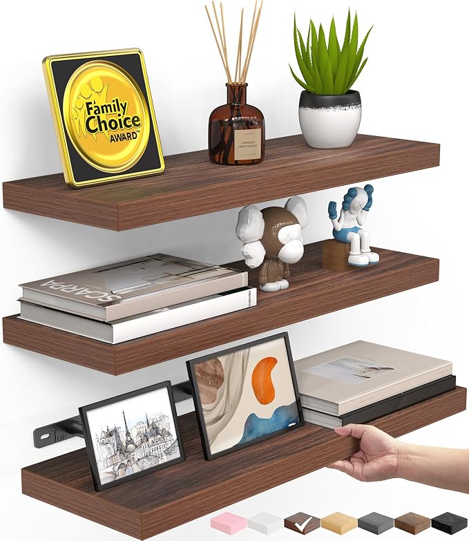 BAYKA Walnut-Like Floating Shelves 15.7in, 3 Pack, Wall Mount Rustic Shelf | 22lbs Max Load, Hidden Bracket, for Bathroom Bedroom Kitchen Display Storage Decor, Easy Install, Multi-Wall Compatible
