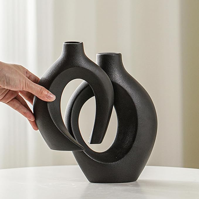 Lvases Snuggle Hollow Modern Ceramic Vase Set of 2 Nordic Pampas Grass Vase | Boho Aesthetic Decorative Vase for Home Decor coffee Table Centerpiece Living Room Book Shelf ( Matte Black W 6.3" X H 8.4" )