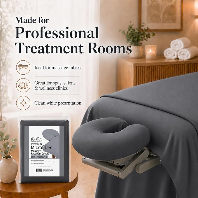 ForPro Premium Microfiber Massage Face Rest Cover, Cool Grey, Ultra-Light, Stain and Wrinkle-Resistant, for Massage Tables, 10-Count