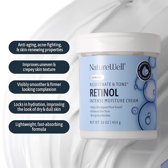 NATURE WELL Clinical Retinol Rejuvenate & Tone Moisture Cream for Face, Body, & Hands, Boosts Skin Firmness, Enhances Skin Tone, No Greasy Residue, 10 Oz