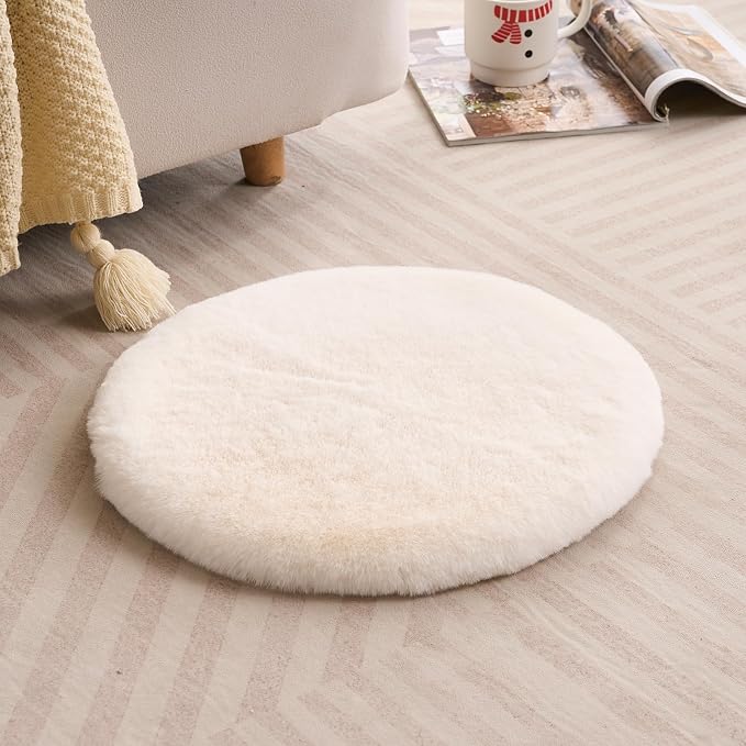 SHENGOCASE 2-Pack Round Faux Rabbit Fur Pet Bed Cushion Pad, 23.6 Inch, Cat Tree Tower Replacement Mat for Cat Dog House Cage Crate Kennel (Cream)