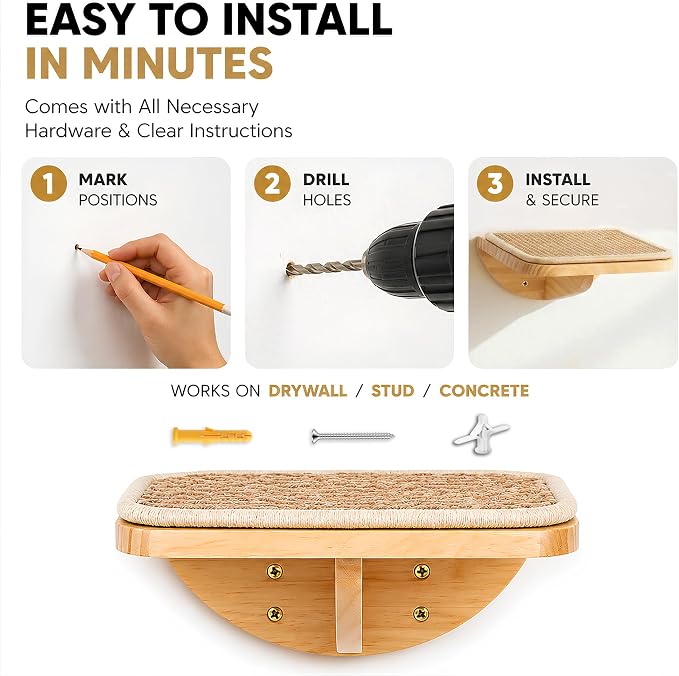 2 Set Wooden Cat Wall Shelves with Sisal Mat, Cat Wall Furniture Steps | 10"L x 9.2"W x 4"H Wall Mounted Cat Stairs, Cats Wall Furniture Steps, Space Saving, for Jumping, Playing & Lounging