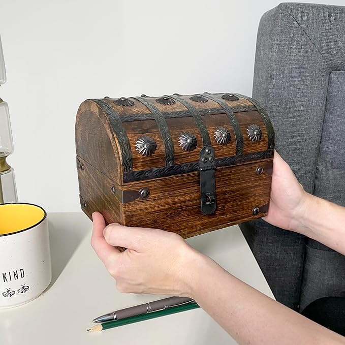 Treasure Chest Keepsake and Decorative Wood Box (Large 8x6x6) - Storage Box, Wooden Box with Hinged Lid, Rustic Storage, Pirate Storage Box, Vintage Wooden Chest