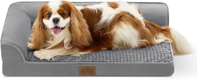 COZY KISS Orthopedic Dog Bed for Medium Small Size Dogs, L Shaped 30x20 in | Non-Slip Bottom Soft Pet Sofa with Washable Removable Waterproof Cover, Egg-Crate Foam Couch with Portable Handle, Grey