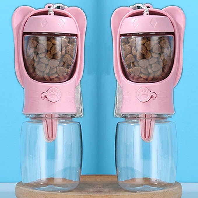 Pet Cat Puppy Dog Travel Water Bottle Dispenser with Food Container, Portable Dog Water Bottle for Walking Hiking Outdoor, Pink, 350ml/12oz