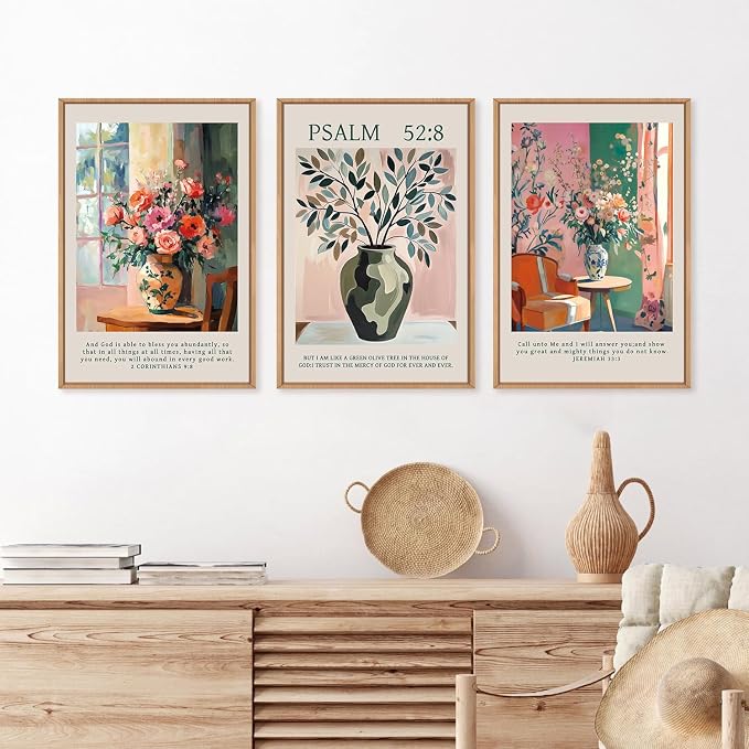 FWIEXA Christian Bible Verse Canvas Wall Art Set, Easter 3 Piece Religious Scripture Framed Wall Decor, Jesus Floral Painting Artwork, 16x24 Inches Modern Biblical Pictures Prints for Living Room, Bedroom, Women, Rustic Farmhouse