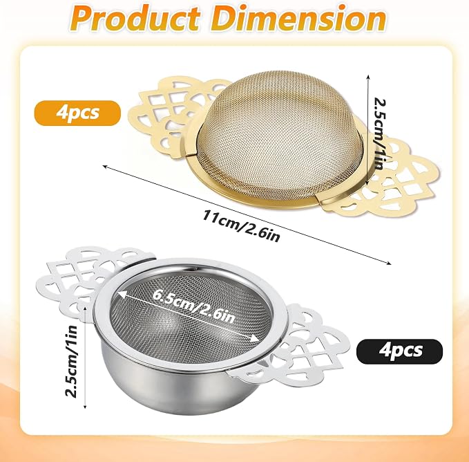 8 Pack Tea Strainer Bowl, 304 Stainless Steel Tea Drain Strainer Tea Filter Mesh Tea Drip Bowls Teapot Strainers With Petal Handles Tea Divider for 2.5-4 Inch Cup Mouth (silver, gold)