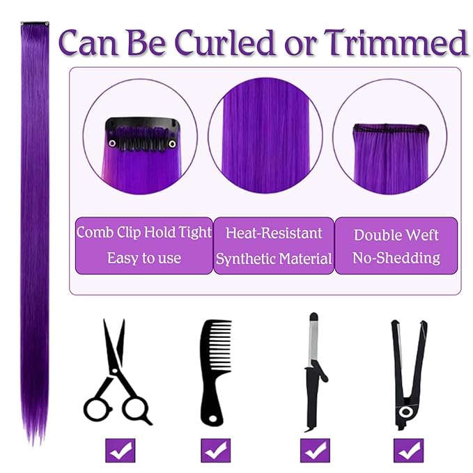 Mysense Cosplay Makeup Set with 6 PCS Purple Hair Extensions, 22-Inch Clip-ins, Purple and Hot Pink Eyeliner, Temporary Tattoo Markers, Rave Accessories for Music Festivals, Stage&Costume Parties