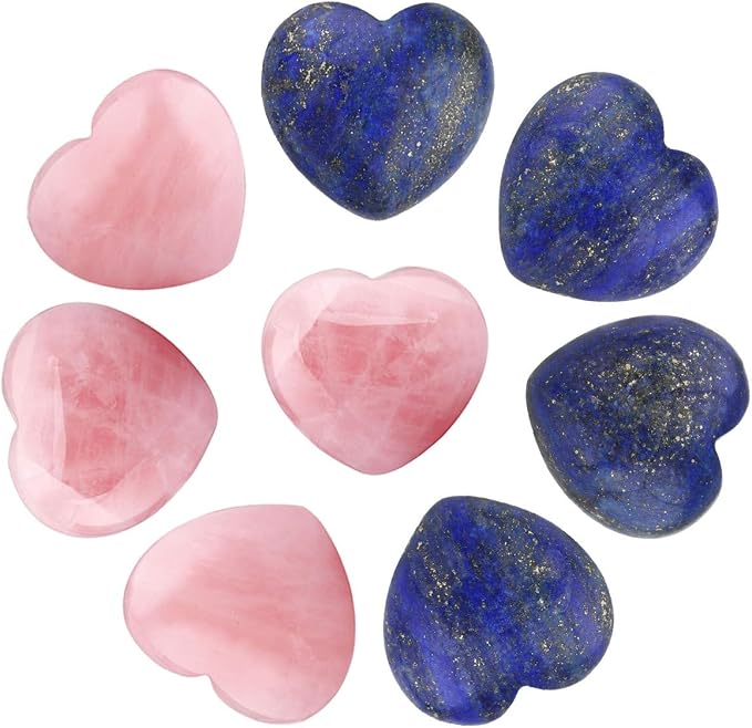 SUNYIK Assorted Natural Gemstones Carved Puff Heart Pocket Stone Set, Healing Palm Crystal Set for Christmas, Pack of 8(1")