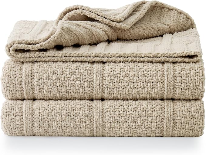 Premium Chenille Throw Blanket, Soft Cozy Moss Stitch Knit Blanket for Couch, Sofa, Chair, Home Decor, Beige 50"x60"