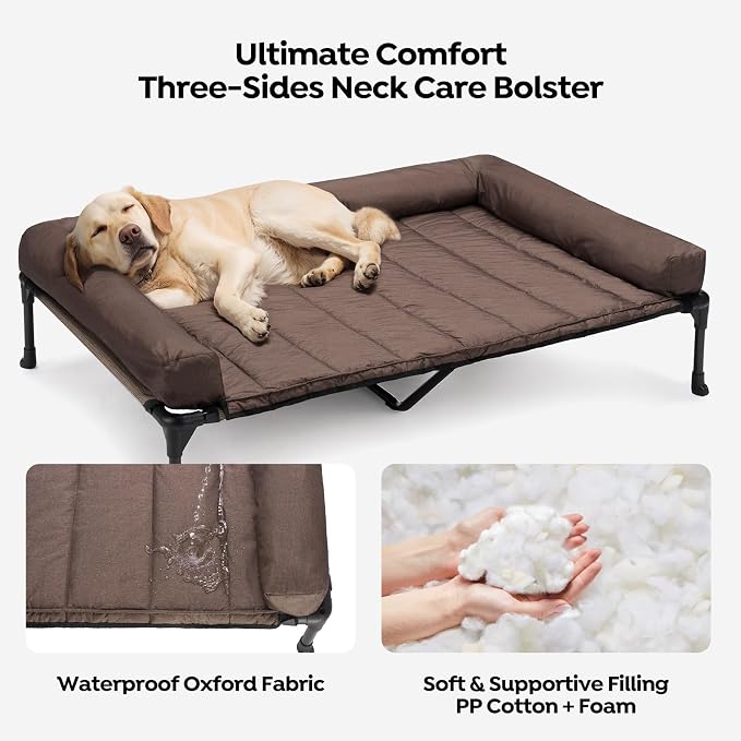 Veehoo Outdoor Elevated Dog Bed with Waterproof Bolster Cushion, Cooling | Raised Dog Bed with Removable & Washable Mat Topper, Breathable Mesh, Dog Couch Cot for Indoor Outdoor, 49", Large, Brown