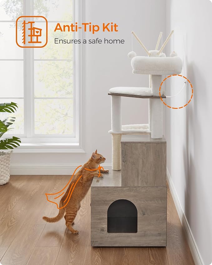 Feandrea Cat Tree with Litter Box Enclosure, 59-Inch Modern Cat Tower | 2-In-1 Condo with Scratching Posts, Washable Removable Cushion, Greige UPCT113G01