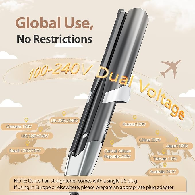 Quico Air Straightener, Ionic Wet to Dry Hair Straightener with High-Speed Airflow, 5 Temps & Dual Voltage 2-in-1 Flat Iron and Hair Blow Dryer Straightener, No Heat Damage, No Hot Plates, Black Grey