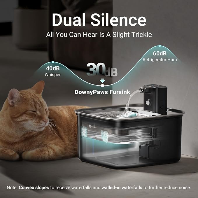 DownyPaws Cat Water Fountain Stainless Steel Wireless Automatic, Black | Cordless Battery Operated Pet Water Fountain, 101 Oz/3L Water Fountain for Cats Drinking with Motion Sensor