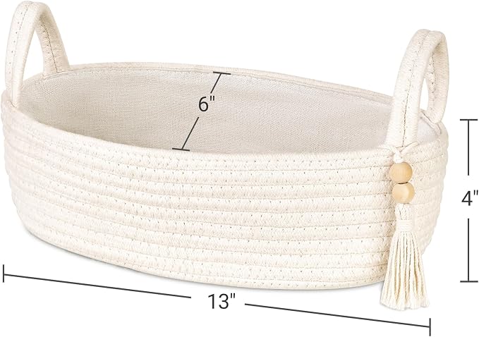 Mkono Toilet Paper Basket, Boho Bathroom Decor, Small Storage Organizer | White, 13"L x 6"W, Back of Toilet Basket, Decorative Woven Tray with Handles, Space-Saving, Living Room Bedroom, 1 Pack