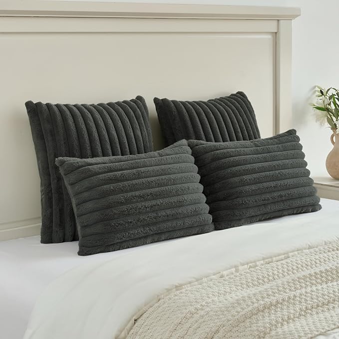FUTEI Pack of 2 Faux Fur Throw Pillow Covers 24x24 Inch, Dark Grey | Fluffy Faux Rabbit Fur Front/Premium Velvet Back,Hidden Zipper,Machine Washable,Non-Shedding,Colorfast,Insert Not Included.