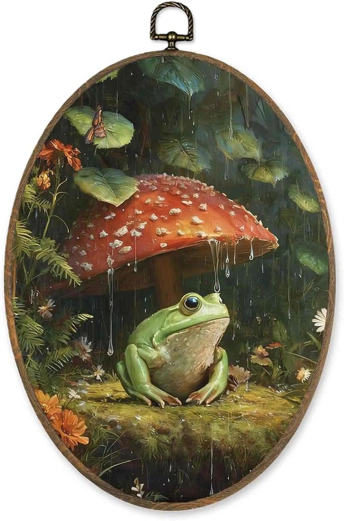 LKETW Dark Cottagecore Frog Mushroom Oval Wall Art Decor, Vintage Whimsical Oval Canvas Hanging Decor, Moody Botanical Frog Mushroom Wall Decorations for Home Bedroom Living Room, 8.6x11.4 Inch