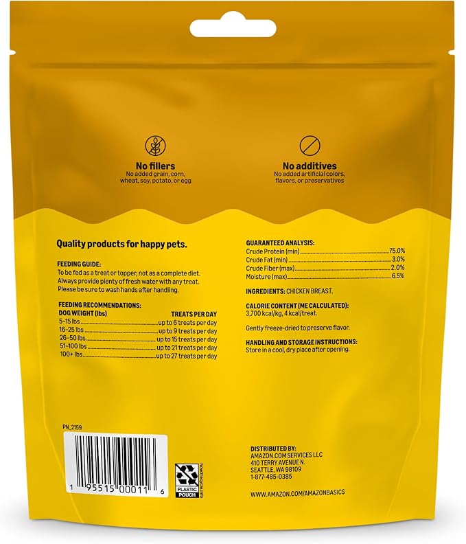 Amazon Basics Dog Treats Freeze Dried Raw Single Ingredient Chicken Breast, High Protein, Healthy Training Treats or Meal Topper for all Dogs, Grain-Free, 3 Oz (Pack of 1) (Previously Wag)