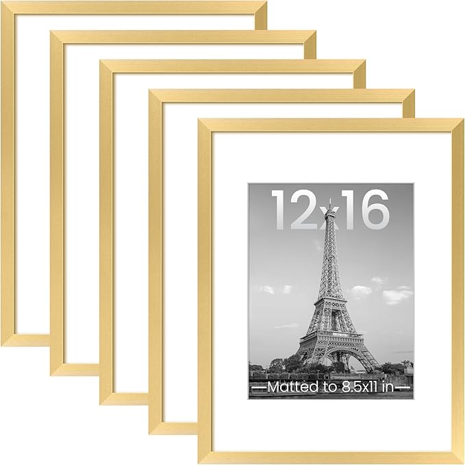upsimples 12x16 Picture Frame Set of 5, Display Pictures 8.5x11 with Mat or 12 x 16 Without, Wall Gallery Poster Frames, Gold | Poster Frame Collage Wall Decor, 8.5x11 Picture Frame with Mat for Family, Wedding, Hallway, Christmas