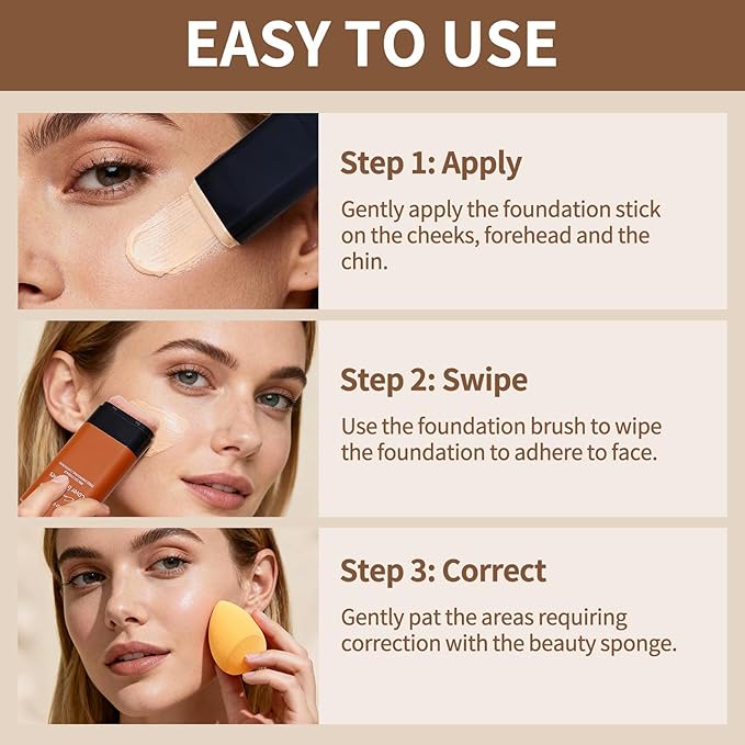 Full Coverage Foundation Stick with Contour Brush, Water Resistant & Lightweight Foundation Makeup with Beauty Sponge, Buildable Concealer Stick for Multiple Skin Tones, Daily Natural Matte Finish