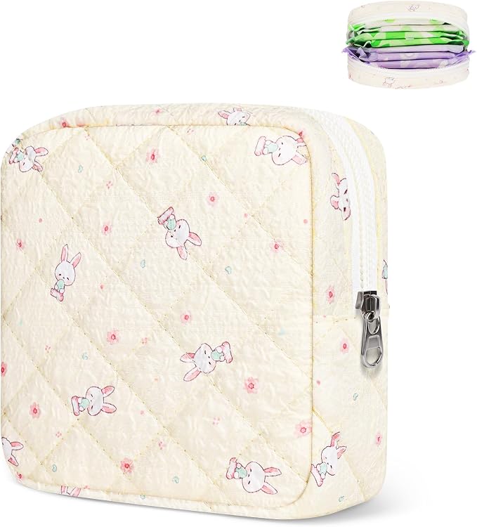 Likesing Quilted Period Bag, Period Pouches for Teen Girls Womens, Portable Floral Print Sanitary Napkin Storage Bag Feminine Emergency Tampon Pad Pouch(Beige Rabbit)