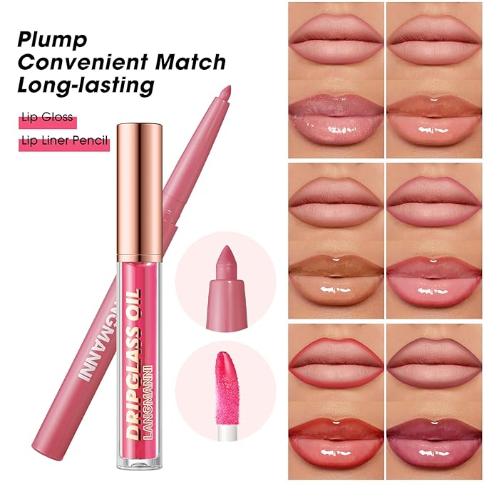 BestLand 12pcs Hydrating Lip Oils + Lip Liner Pencil Lip Combo Sets, 24H Long-Lasting Lip Kit with Lip Liner and Gloss, Nourishing, Non-Sticky Tinted Stain Lip Gloss Plumping Lip Oil Set for Women