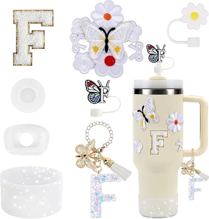 15PCS Cup Accessories Set for Stanley Cup 30oz 40oz Tumbler with Handle, Including Silicone Straw Cover and Boot, Spill Proof Stopper, Stanley Charms, Handle Charm, Initials Sticker