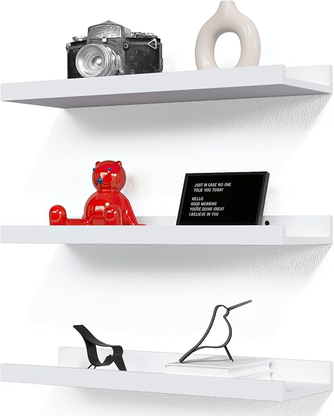 RICHER HOUSE 3-Set Floating Shelves with Lip, White Small Wall Shelf, 16In | Display Picture Ledge Shelf, Anti-drop lip Shelf for Room Wall Decor, Bedroom Bathroom Storage Nursery Books, Easy Setup,Wood