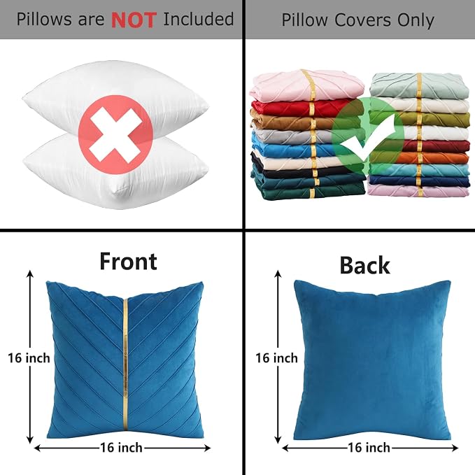 Velvet Throw Pillow Covers 16x16 Pack of 2 Gold Decor Lake Blue | Soft Solid Pillow Covers,Modern Luxury Home Decor,for Couch Chair Sofa Bedroom Livingroom,Hidden Zipper,Ideal Gift,Easy Care