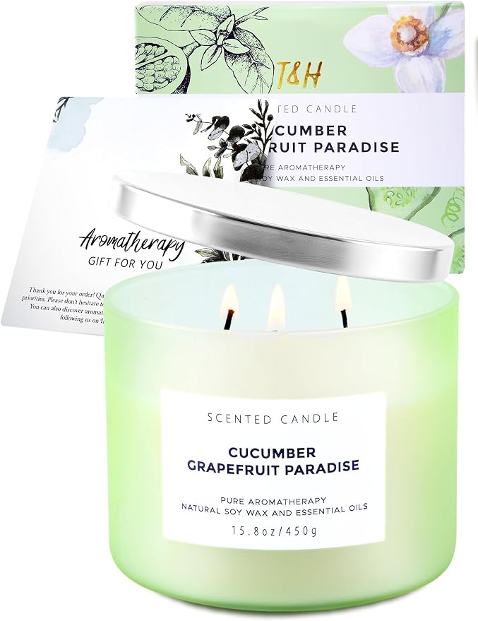 Cucumber Grapefruit Melon 3-Wick Soy Summer Scented Candle for Home 15.8oz | Citrus, Apple & Green Notes, Crisp & Fresh, Clean Burn, Large Scented Candles for Bedroom, Bathroom & Spa, Gift for Women