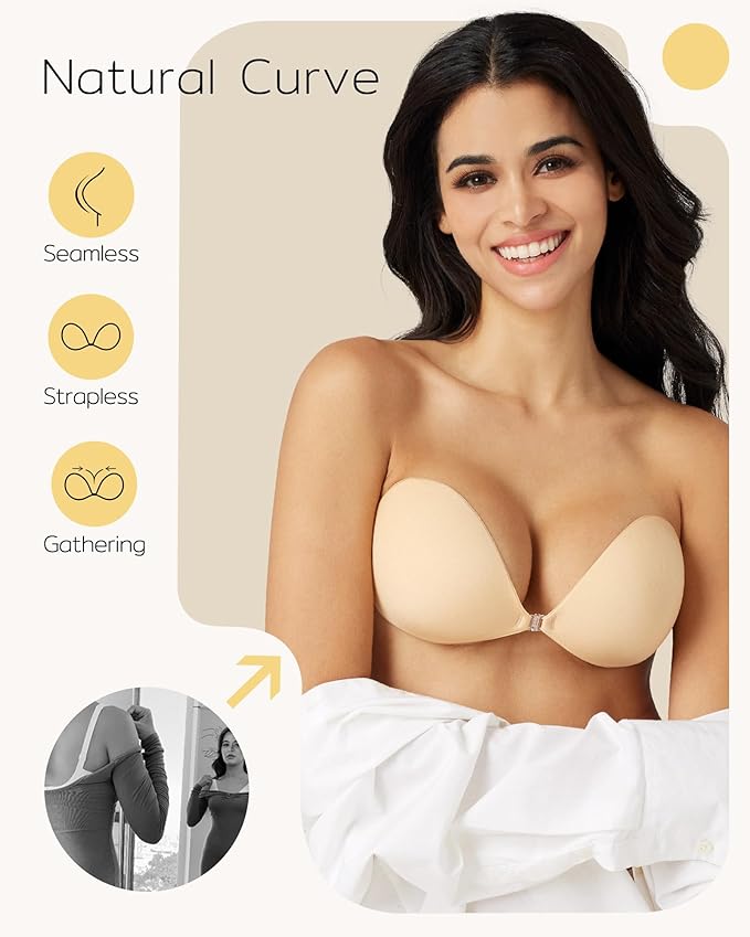 Niidor Adhesive Bra Strapless Sticky Invisible Push up Silicone Bra for Backless Dress with Reusable Nipple Covers