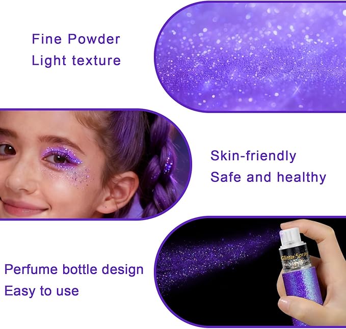 Hair and Body Glitter Spray, Holographic Glitter Highlighter Powder for Rumi Costume Cosplay Makeup, Face Body Clothes Shiny Glitter, Loose Shimmer Hairspray Festival Rave Prom Accessories (Purple)