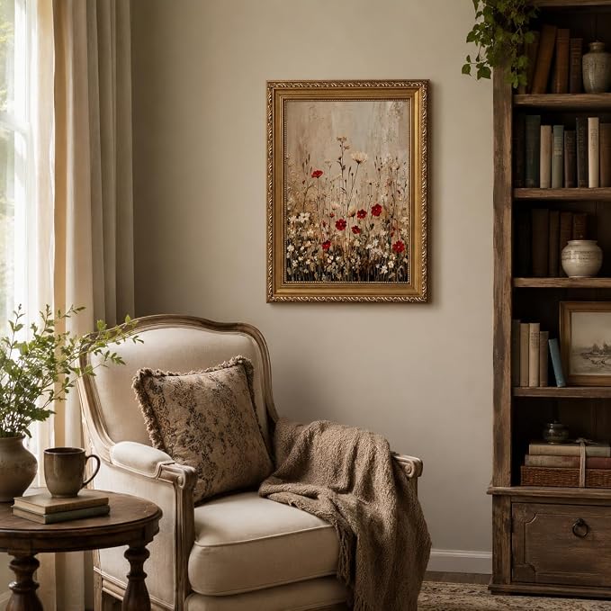 Framed Wildflower Canvas Wall Art,Neutral Plant Picture Wall Decor16x12in | Country Cottagecore Floral Print Artwork For for living room, bedroom, hallway, office or entryway.