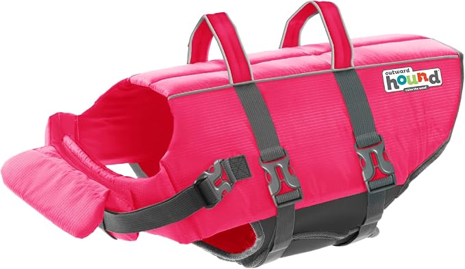 Outward Hound Granby Splash Dog Life Jacket, Life Vest, Pink, Large | Max Buoyancy, Adjustable Fit, Head/Neck Support, Rescue Handle, Reflective, Swimming & Boating, Large Dogs (28–32" Girth)