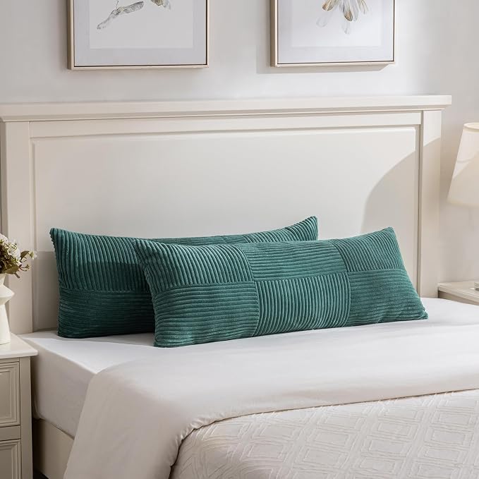 Fancy Homi Set of 1 Teal Boho Long Lumbar Body Decorative Throw Pillow Cover 14x36 Inch for Bed Couch Bedroom Bench, Soft Patchwork Corduroy Textured Pillow Case, Rustic Farmhouse Room Decor