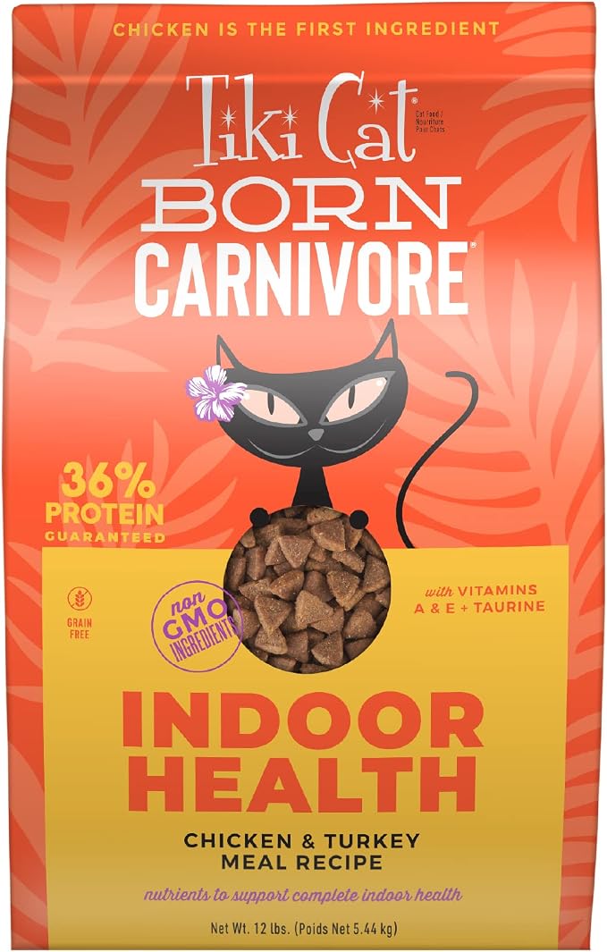 Tiki Cat Born Carnivore Indoor Health, Chicken & Turkey Meal, 12 lbs Bag | Formulated for Indoor Cats, Crunchy Kibble Texture, Real Animal Protein, Non-GMO Ingredients, Minimally Processed