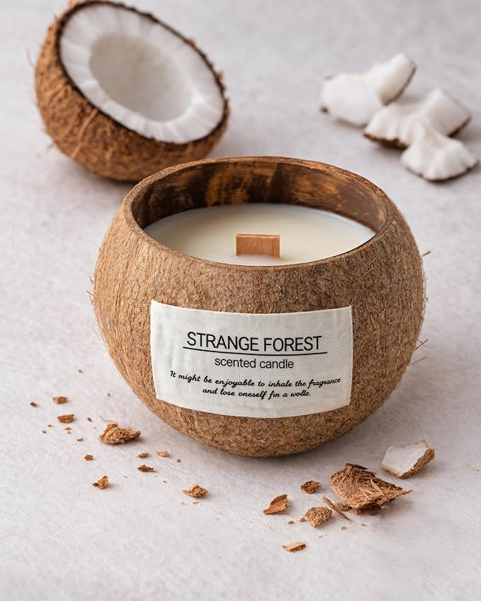 Enchanting Rose Coconut Shell Scented Candle for Home, Natural Soy Wax Wooden Wick Candle, Handmade Non Toxic Aromatherapy Candle Gifts for Women, 50 Hour Long Lasting Decorative Candles for Home