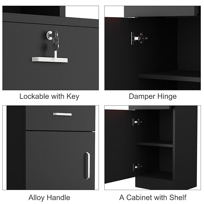 Paddie Hair Salon Stations, Lockable Barber Stations Wall Mount Salon Equipment for Hair Stylist with 1 Lockable Drawer & 1 Storage Cabinet (No Holders, Black)