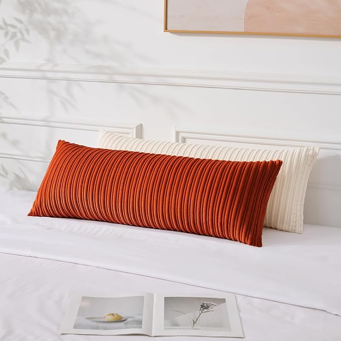 UGASA Fall 14x36 Inch Pillow Cover Pack of 1 Soft Boho Stripe Corduroy Large Long Rectangle Lumbar Cushion Case Farmhouse Decorative Throw Pilowcase for Bed, Couch, Sofa, Bedroom, Burnt Brick