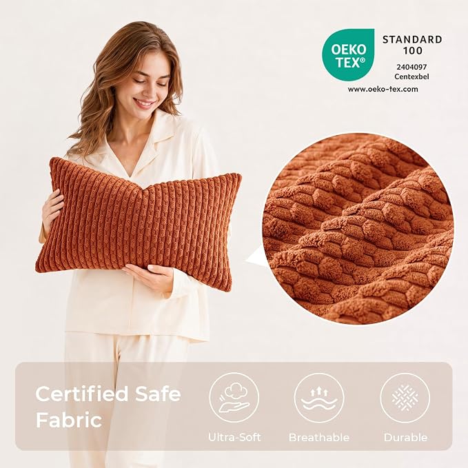 Kevin Textile Soft Corduroy 16"x24" Lumbar Pillow Cover 1 Pack, Rust | Fall Boho Stripe Plush Corduroy Decorative Oblong Cushion Cover Modern Farmhouse Home Decor for Sofa Couch Bed Chair