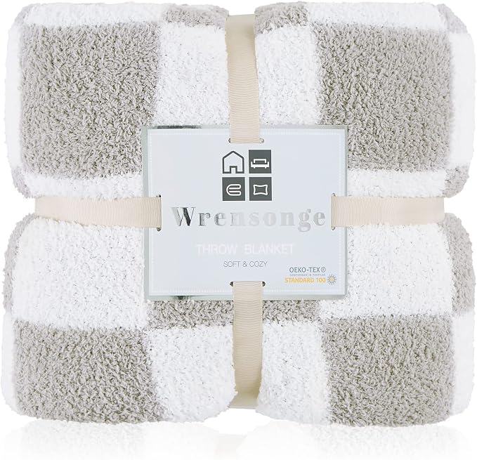 Soft Twin Size Checkered Blanket for Bed-Cozy Knitted Blankets | Lightweight Fluffy Warm Decor for Women, Mom, Her & Girls, Sofa, Chair, Couch, 60x80in,Light Grey