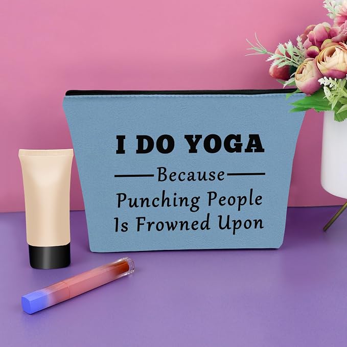 Sazuwu Yoga Gifts for Her - Blue Makeup Bag & Funny Cosmetic Bag for Yoga Lovers & Instructors