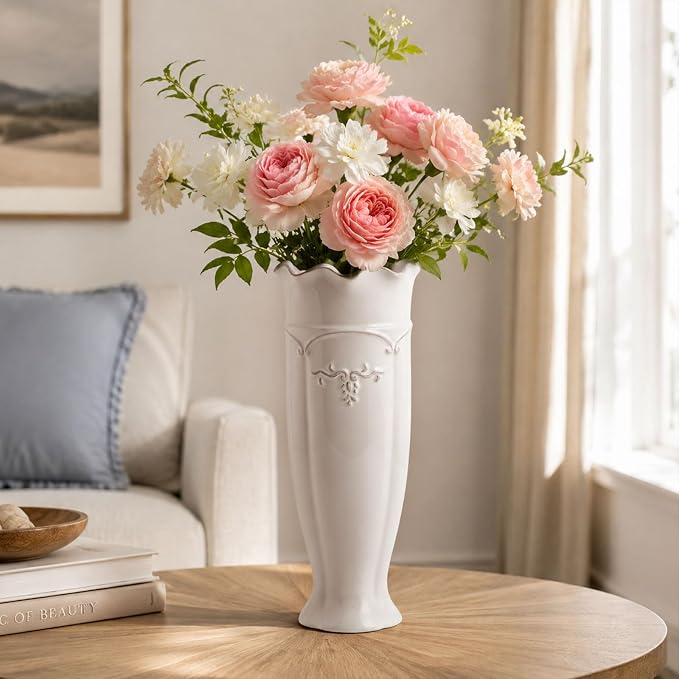 hjn White Ceramic Vase- French Flower Vase for Decor Tall Vintage Vases for Flowers/Home Decoration/Kitchen/Table/Living Room/Shelf/Mantel/Office-Height-11.6"